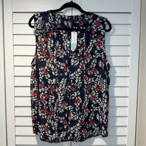 Fun2Fun Ulrica Tie Neck‎ Blouse — Navy Floral (NWT, XXL)